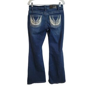 Sky Premium Women Low Rise Dark Wash Angel‎ Wing Flare Jeans Blue Size 9/10 Y2K